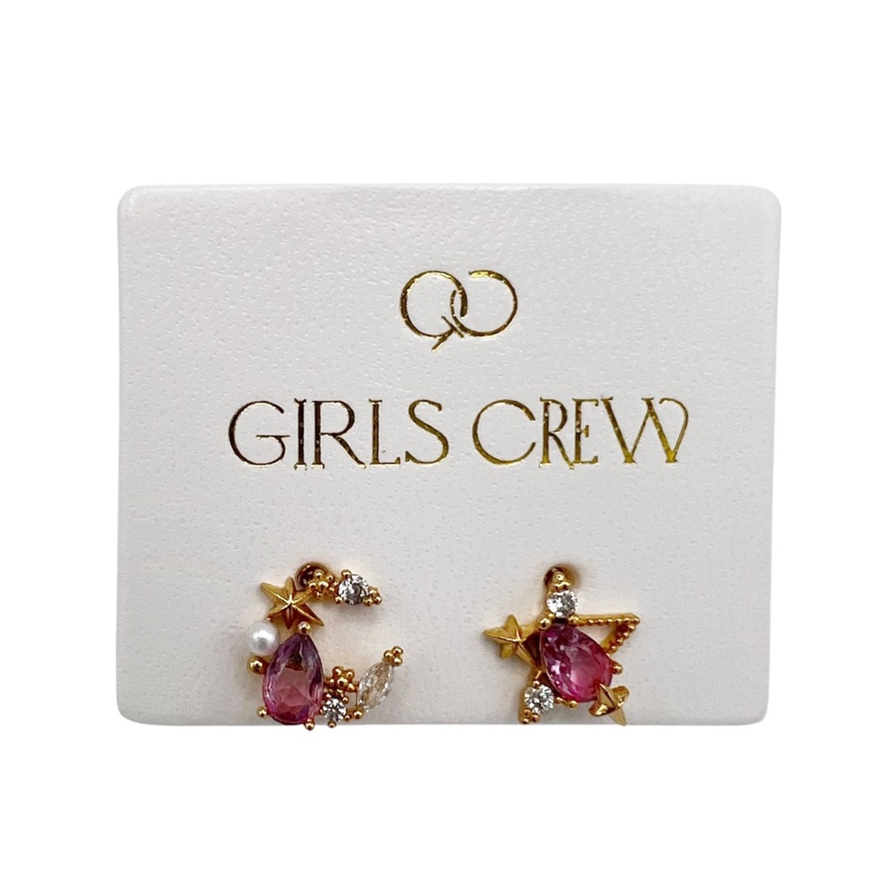 NWT Girls Crew Gold Plated Pink Glass Celestial Star & Moon Stud Earrings
